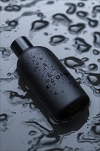 A black bottle covered in water droplets lying on a dark, reflective, wet surface, AI generated