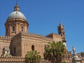 Large cathedral with a dome and gothic elements, surrounded by palm trees under a clear blue sky,