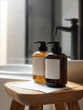 Amber and dark pump bottles placed on a wooden stool in a modern bathroom, creating a minimalistic