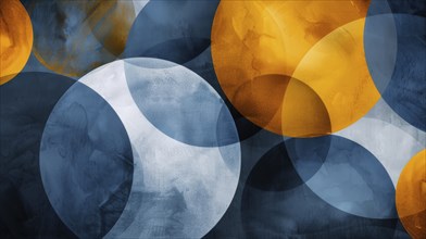 Overlapping circles in shades of blue, yellow, and white on a dark background with gradient and