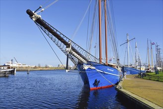 Den Helder, Netherlands. April 2023. The bow and bowsprit of an old schooner