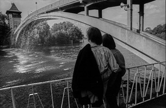 Germany, Berlin, 27 June 1991, Abbey Bridge to the Island of Youth in Treptower Park, (with water