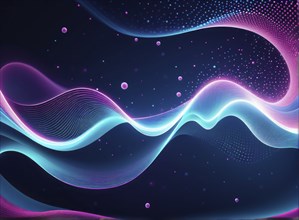 Glowing neon waves in pink and blue flow gracefully against a dark background, forming an abstract