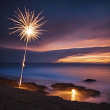 Sparkler glowing brightly on the beach at sunset, with a serene ocean and colorful sky creating a