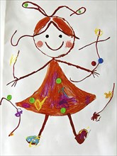 A whimsical childlike drawing of a girl with a colorful dress and playful elements, AI generated