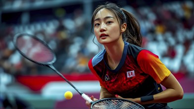 A badminton player wearing a black and red shirt intensely focused on an incoming shuttlecock