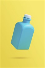 Levitation, flying blank cleaner blue bottle. Isolated on yellow background. Plastic packaging.