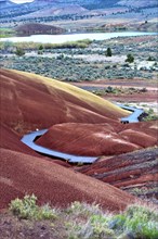 A boardwalk leads through a section of painted hills in Oregon