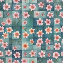 Delicate geometric pattern with pink flowers on teal tiles, offering a harmonious and serene look,