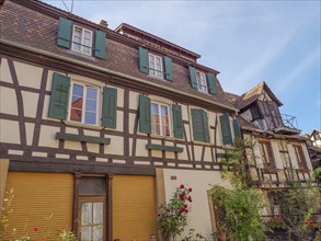 Half-timbered house with green shutters, surrounded by a garden with flowers and historical