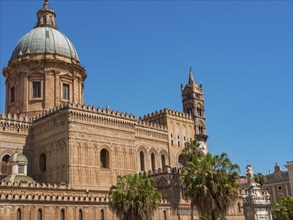 Large cathedral with dome and gothic elements and palm trees under a blue sky, palermo, sicily,