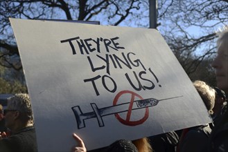 CHRISTCHURCH, NEW ZEALAND, JULY 24, 2021, Detail of a placard at a protest rally at the Bridge of