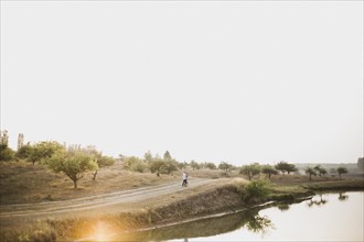 Lovely couple outdoor has romantic photo session.