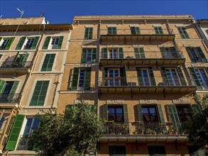 Building facade with balconies and green shutters on a sunny day, palma de Majorca, mallorca,