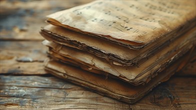 A stack of aged, yellowed sheet music placed on a rustic, weathered wooden table, AI Generated, AI