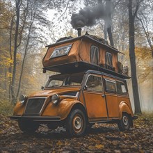 Orange vintage car with rooftop tent van in a foggy autumn forest, with smoke coming out of a