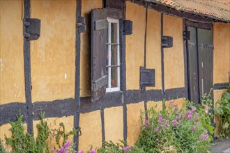 Rustic half-timbered house with colourful flowers in the foreground and striking black beams,