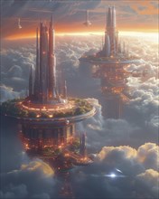 Futuristic floating platforms with sci-fi architecture, surrounded by clouds and illuminated by a