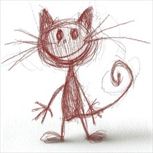 A simple scribbled cat with a red outline, depicted in a whimsical and childlike abstract style, AI