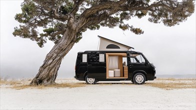 Black camper van under a tree on a scenic beach with a bright sky, exuding a minimalist camping