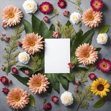 Flat lay of vibrant flowers and leaves surrounding a blank white paper, creating a decorative and