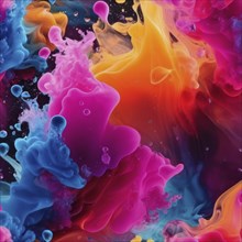 Swirling abstract paint in pink, orange, and blue with bubble-like formations, AI generated