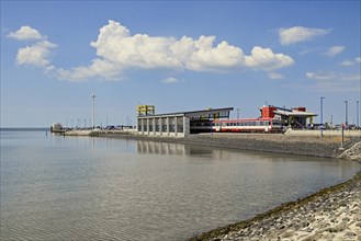 Harbour pier with NEG train, Dagebüll, North Frisia, Schleswig-Holstein, Germany, Europe