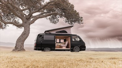 A black camper van is parked by a tree in an open field under a pinkish sky, AI generated