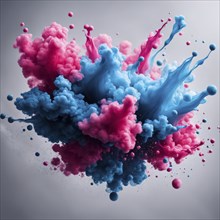 Dynamic paint explosion with vibrant blue and pink colors, creating an energetic and lively visual,