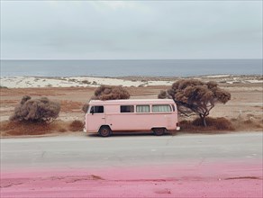 A pink camper van parked by the coastal road, with a view of the ocean and overcast sky, evoking a