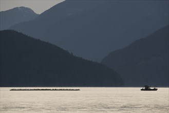 Ship pulling a raft through Howe Sound in British Columbia, Canada, North America