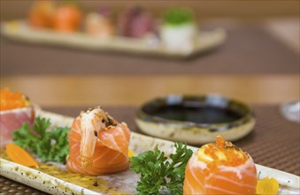 Platter decorated with different flavors of elegant sushi. Selective focus