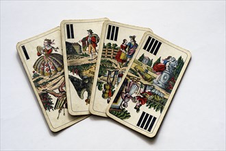 Old 1-4 playing cards by Ferdinand Piatnik and Sons around 1900, Vienna, Austria, Europe