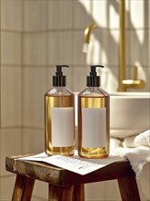 Transparent pump bottles with a golden hue on a wooden stool, placed in a luxurious bathroom