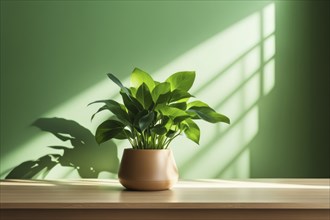 Indoor plant with green leaves in a brown pot sitting on a wooden table with shadows cast by