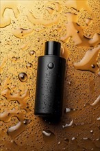 A black bottle lying on a vibrant orange wet surface with water droplets, AI generated