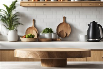 Minimalistic kitchen design featuring a wooden table, white tiles, natural light, and greenery, AI