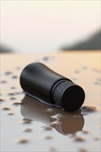 A black bottle lying on a reflective surface with a sunset in the blurry background, AI generated