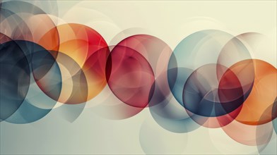 Abstract overlapping circles in red, blue, and orange on a light background with transparency and