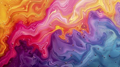 A vibrant abstract fluid art piece with swirling pink, orange, yellow, and purple colors and