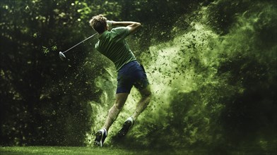 A man swinging a golf club with a burst of green material surrounding him in the outdoors, AI