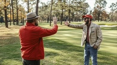 Two men on a golf course having a conversation on an autumn day, AI generated