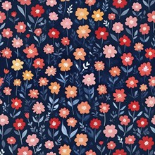 Dense floral pattern with red and peach flowers on a dark background, evoking a night garden feel,