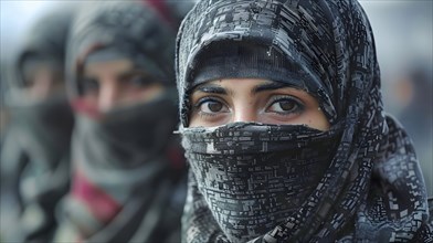 Three young masked woman look into the camera of a war photographer, AI generated, AI generated