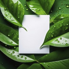 White card set amidst green leaves with water droplets, creating a vibrant and fresh layered