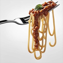 A fork raised with spaghetti draped in meat sauce and topped with a basil leaf in a bright