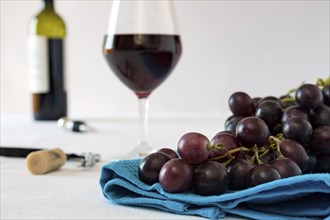 Closeup of a bunch of red grapes and a glass of red wine with a wine bottle on a blue tablecloth