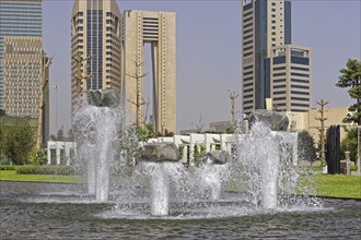 Decorative water fountain and skyscrapers in Kuwait