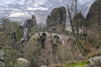 The Bastei Bridge in Saxon Switzerland. jagged rocks, viewing platform overlooking the Elbe.