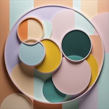 Circular pastel shapes layered in an abstract geometric composition with vibrant colors, AI